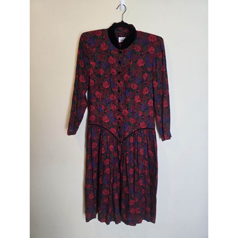 Vintage The Kollection Floral‎ Midi Dress Red Long Sleeve Wimsigoth 80s 90s